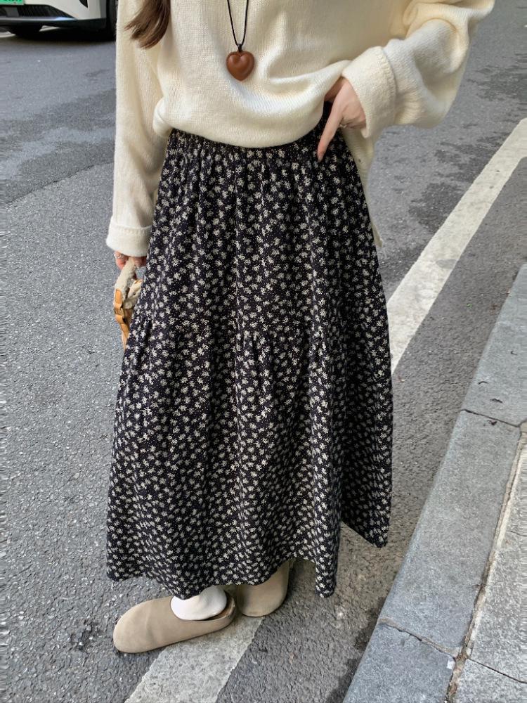 Korean Floral A-Line High-Waisted Skirt for Women One Size чёрный