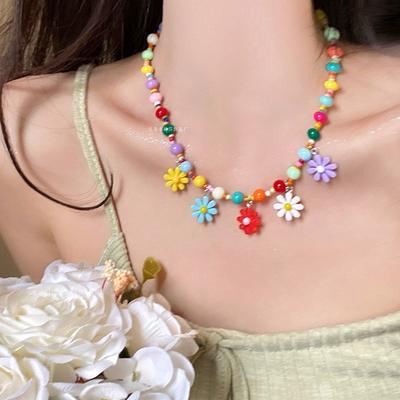 Acrylic Rice Bead Colored Flower Necklace Cute Fashion Design Clavicle Chain Fresh and Sweet Early Spring Necklace