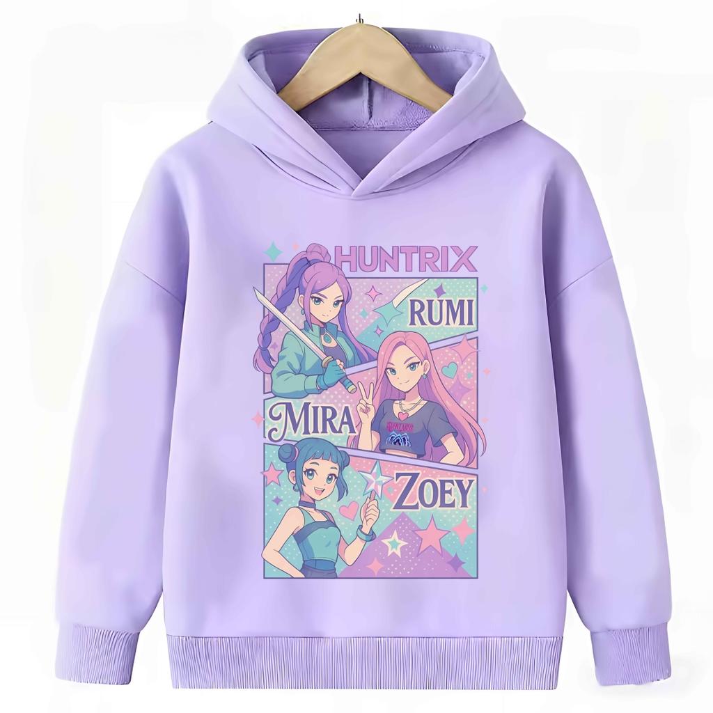 KPop Demon Hunter Cartoon Girls Boy Hooded Sweatshirt Warm Children's Purple Sweatshirt Fashion Casual Tops Girls Clothing