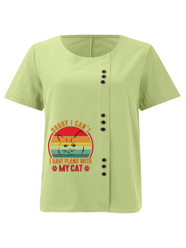 

Women s Fashion Cat Print Round Neck Short Sleeve T-shirt Summer Casual Cotton Linen Graphic Shirt Leisure Loose Blouse Tops 5XL зелений