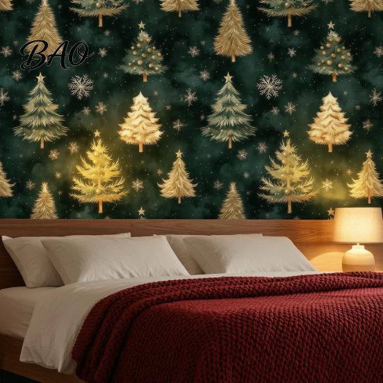 Decorative Contact Paper for Cabinets Christmas Tree Wall Sticker, 150/300cm Gold Green Peel And Stick Wallpaper, Moisture Proof Bathroom Wallpaper