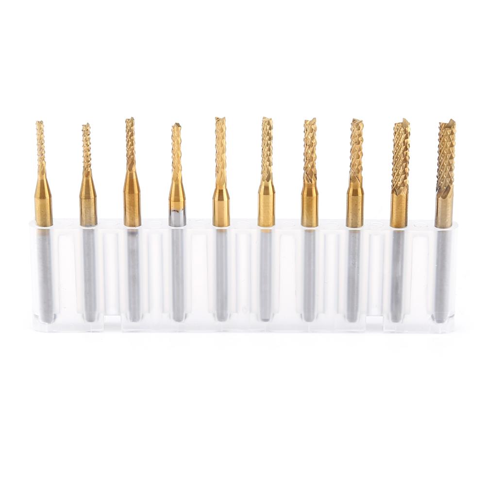 10pcs Titanium Coat Tungsten Carbide 1.5mm 3.175mm End Mill Engraving Bits CNC Rotary Burrs Set