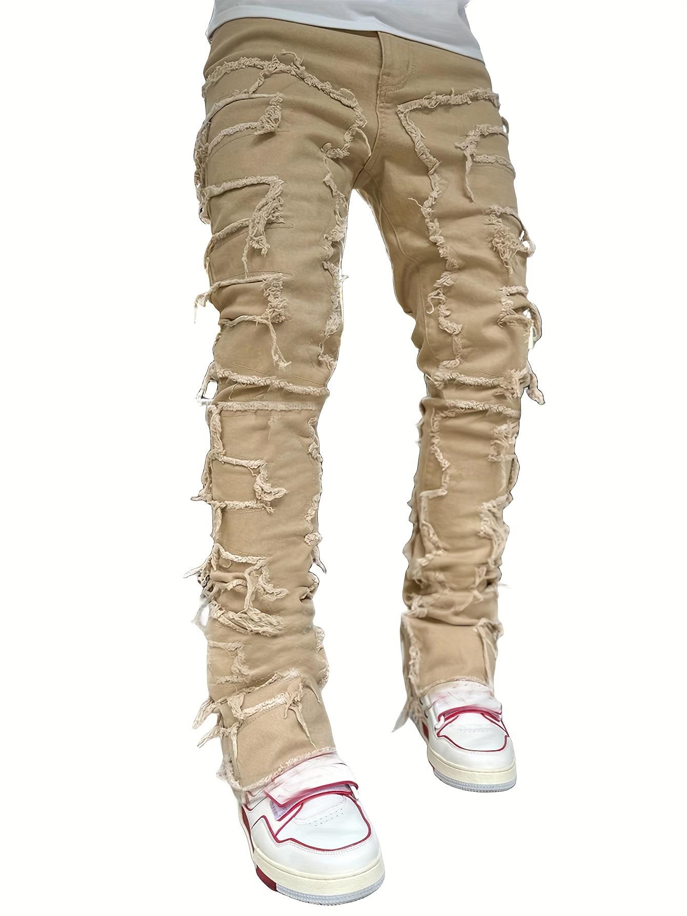 

Мужские джинсы Regular Fit Stacked с рваными зауженными заплатками с потертостями и рваными прямыми джинсовыми брюками в стиле хип-хоп, уличная одежда, ткань для брюк M хаки