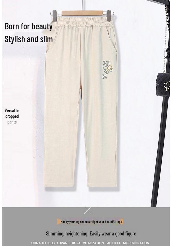 Mom's Summer High-Waisted Elastic Straight Leg Embroidered Pants for Middle-Aged Women