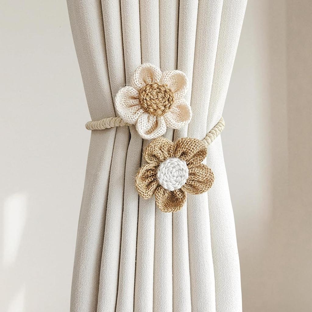 Curtain Tiebacks, Boho Decor Holdback Farmhouse TieBacks for Blackout/Sheer Curta, Cute Flower Curtain Ties Decorative Rope for Bedroom Window