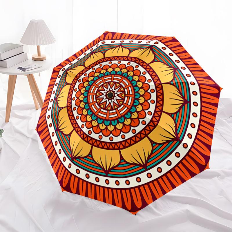 1pc Mandala Pattern Automatic Folding Umbrella - Compact 8-Rib Design, Durable Plastic & Iron, Lightweight for Outdoor Daily Use024