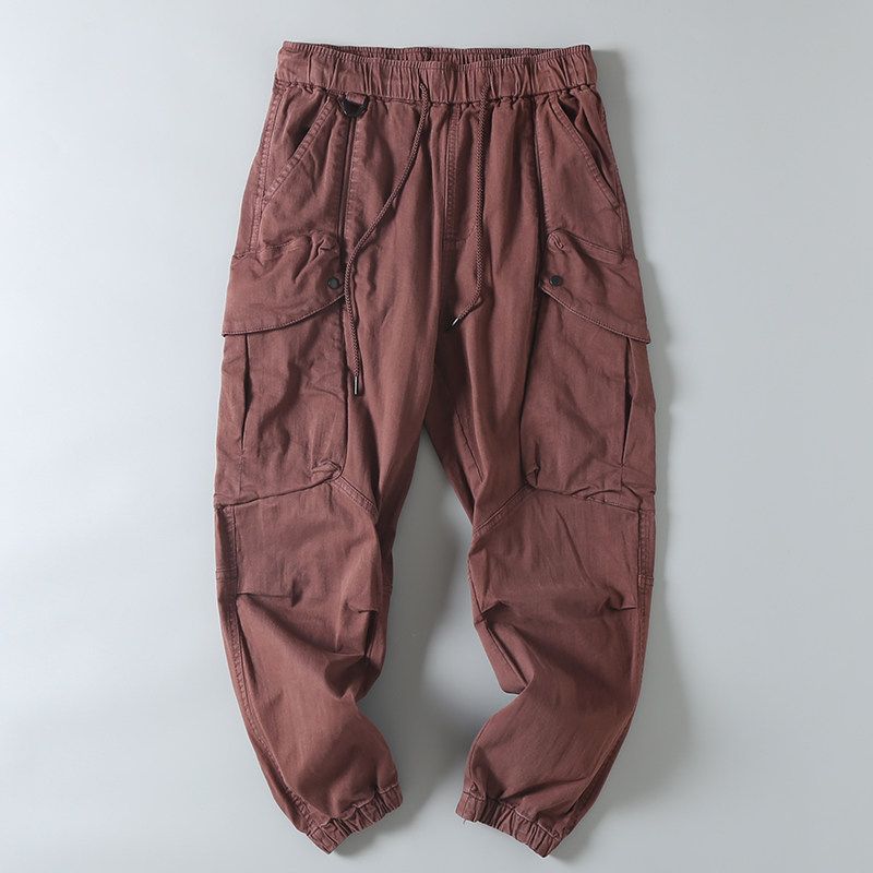 Heavyweight Vintage Large-Pocket Cargo Pants for Men, Autumn Season, Trendy Brand, Washed Pure Cotton, Loose Fit, Jogger-Style Harem Casual Long Pants