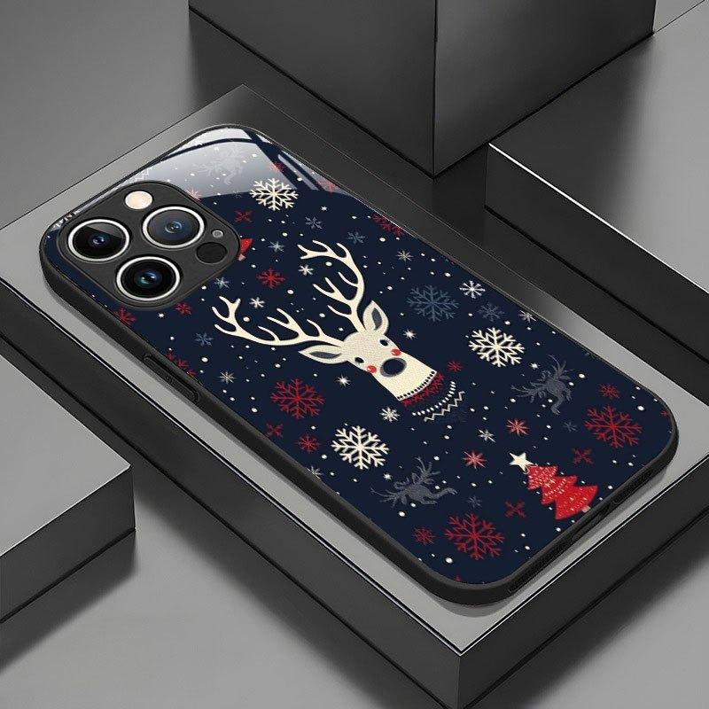 

Christmas Deer Head Snowflake Glass Material Phone Case For iPhone 17 16 15 14 Pro Max 13 12 11 16E 17Air 7 8 Plus XR XS X Cover iPhone 12 Pro Max