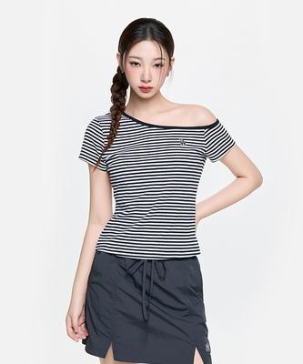 Emelbi Women'S Varsity Striped Off-Shoulder Slim Semi-Crop Short Sleeve T-Shirt La (Black)