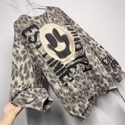 Kadın Büyük Beden Uzun Kollu Kazak Sonbahar Baskılı Büyük Gülümseme Bol Leopar Baskılı Sweatshirt