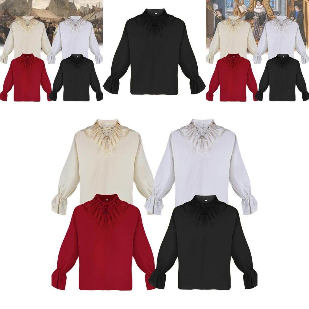 Medieval Bestselling Ruffled Puff Sleeve Shirt Vintage Men's Solid Color Cosplay Costume