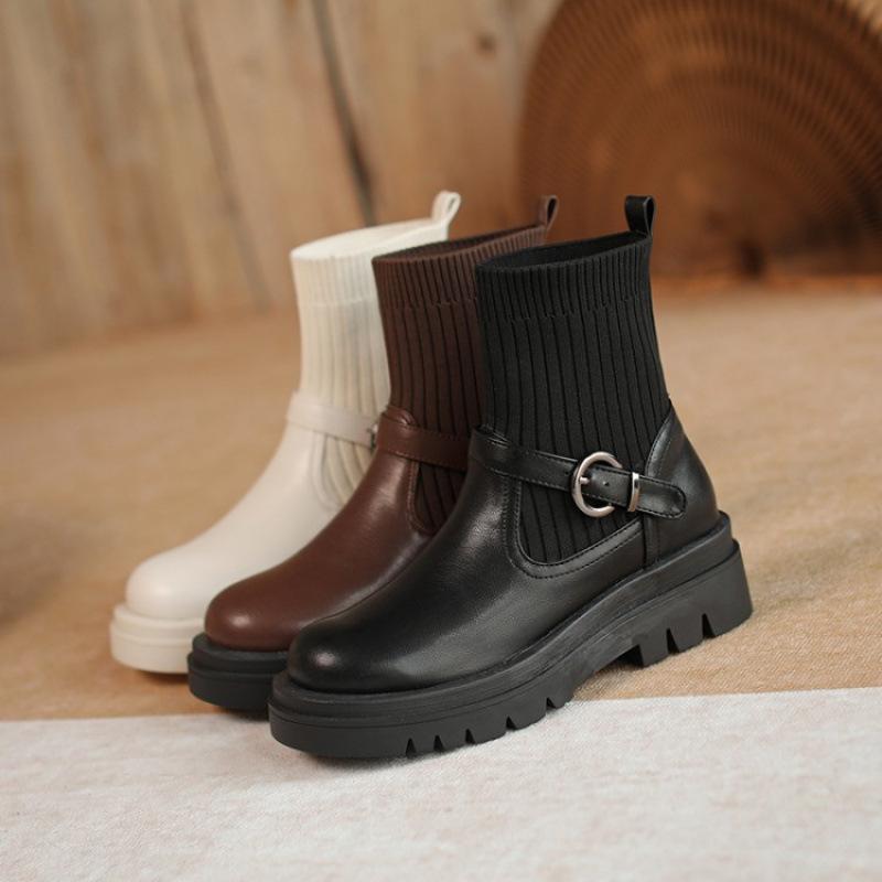 Autumn and Winter Thick-soled Non-slip Women's Medium Boots Low-heeled Large-size Round-head Comfortable Sleeve Leather Boots Korean Version of 
