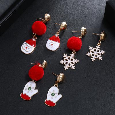 Women Asymmetric Santa /Gloves/Snowflower Shape Red Plush Ball Earrings