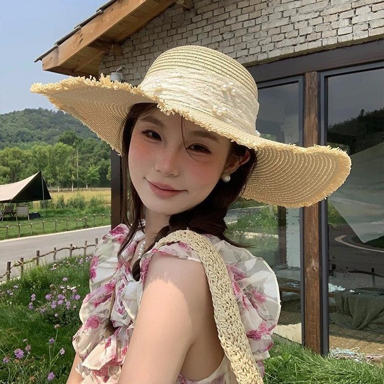 Internet celebrity sweet woven straw hat women's summer French seaside vacation sun hat big brim shading sun protection hat