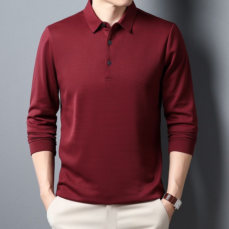 

Middle-aged Men Waffle Long-sleeved T-shirt Casual Bottoming Shirt Lapel POLO Shirt Dad M червоний