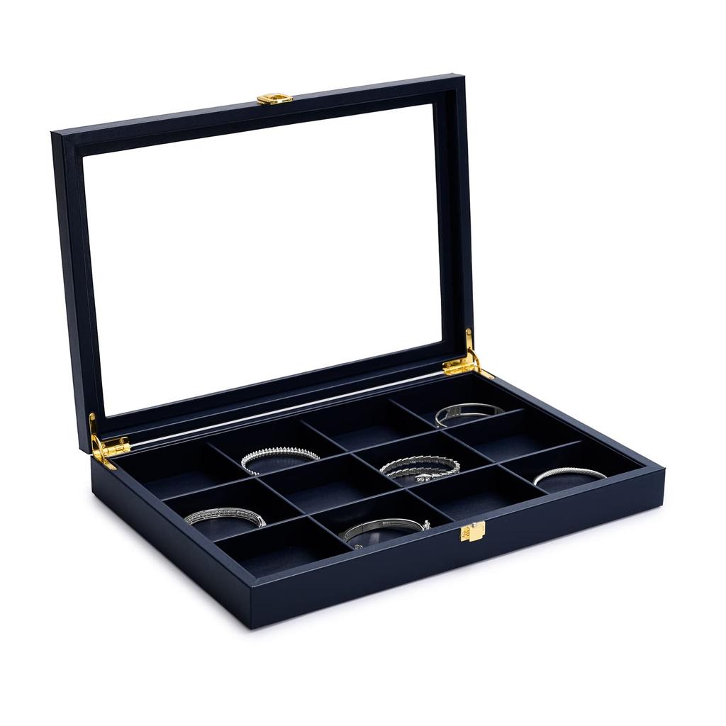 Papten Jewelry Tray with PU Leather Jewelry 12 for Stylish X05602 Lid, Box, Compartments, Rings, Watches, Necklaces, Display, Storage, Transparent,
