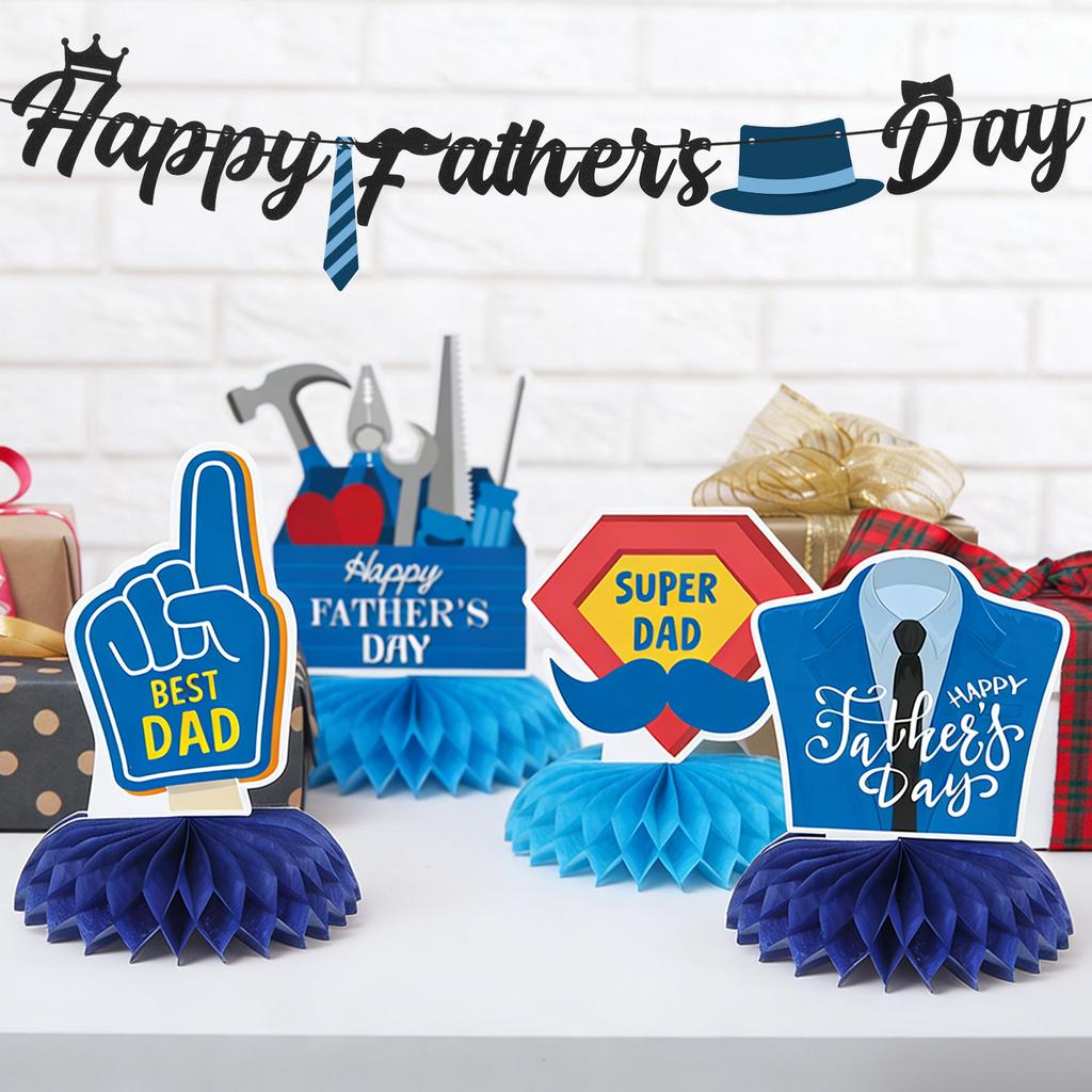 Happy Father'S Day Decorations Glitter Banner Black Blue Father'S Day Honeycomb Centerpieces For Tables 3D Banner Papa'S Theme P