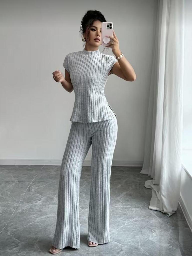 European Women's Solid Color Short-sleeve T-shirt & Ribbed Pants Set - 2025 Style