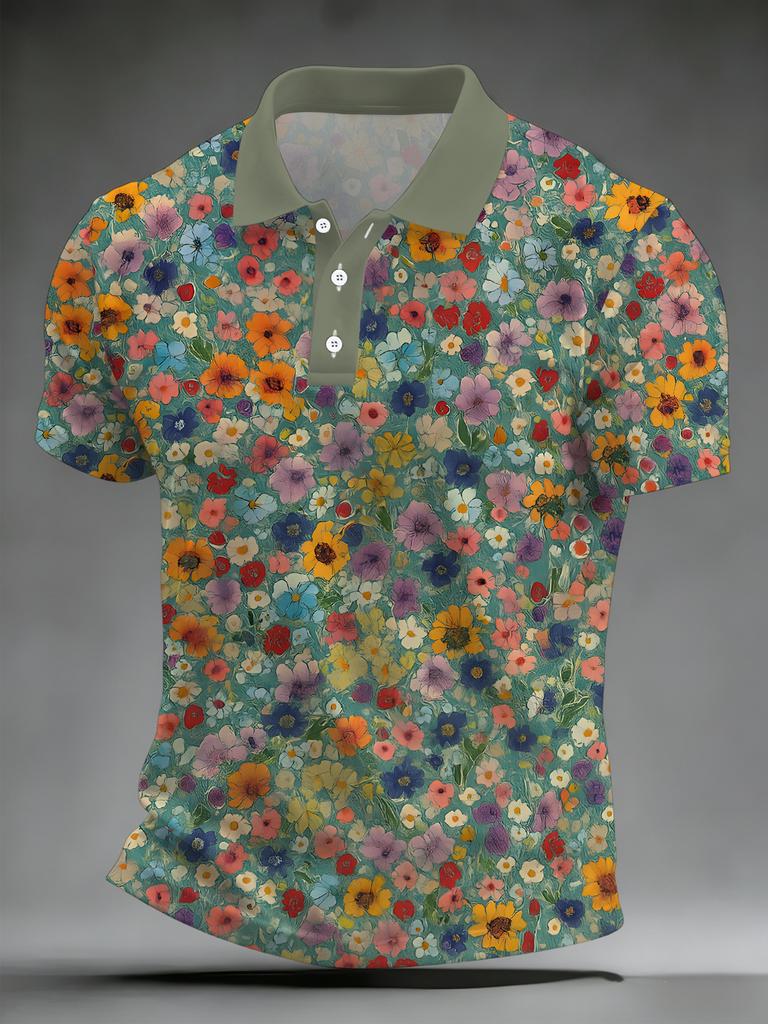 Plus Size Men'S Short-Sleeved Polo Colorful Floral Style Casual Lapel T-Shirt Plus Size Colorful Small Flower Print Print Outdoor Fat Short-Sleeved