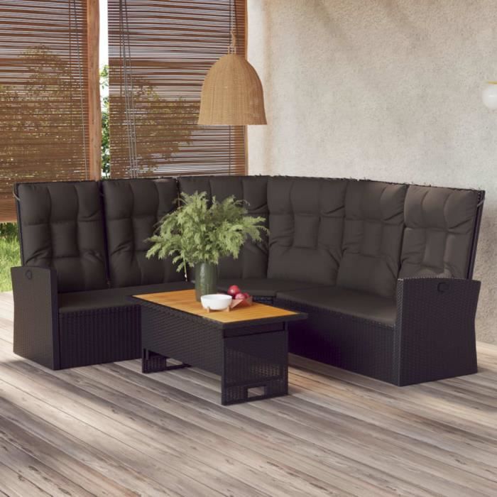 Corner Sofa - Reclining - Black - Woven Resin - Adjustable Backrest - Removable Cushions