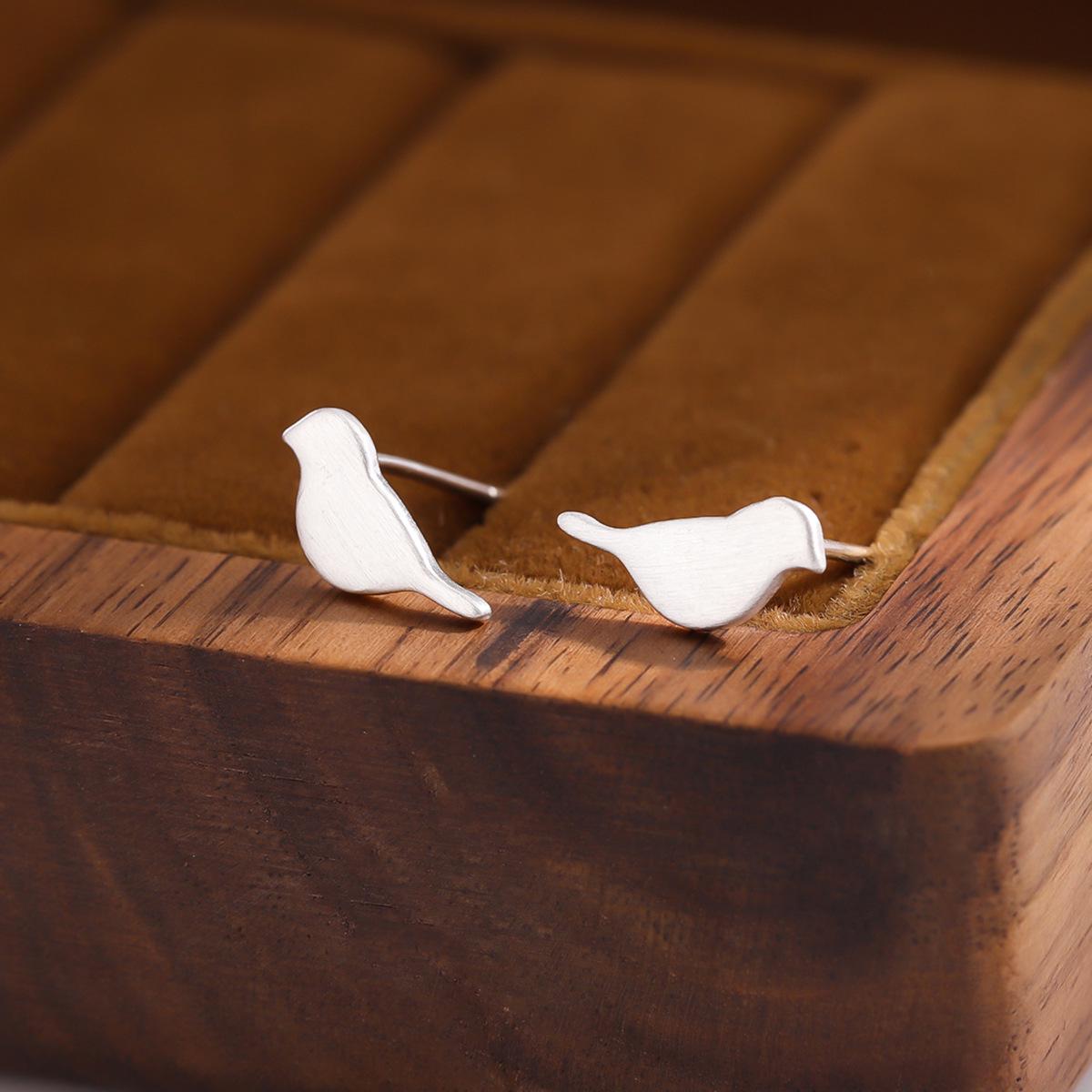 

Silver Brushed Bird Stud Earrings - Literary Mori Girl Style