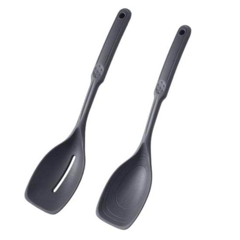 Large Silicone Cooking Spoon Spatula Kit Non-Stick Slotted Solid Spoon Set Hanging Hole Design
