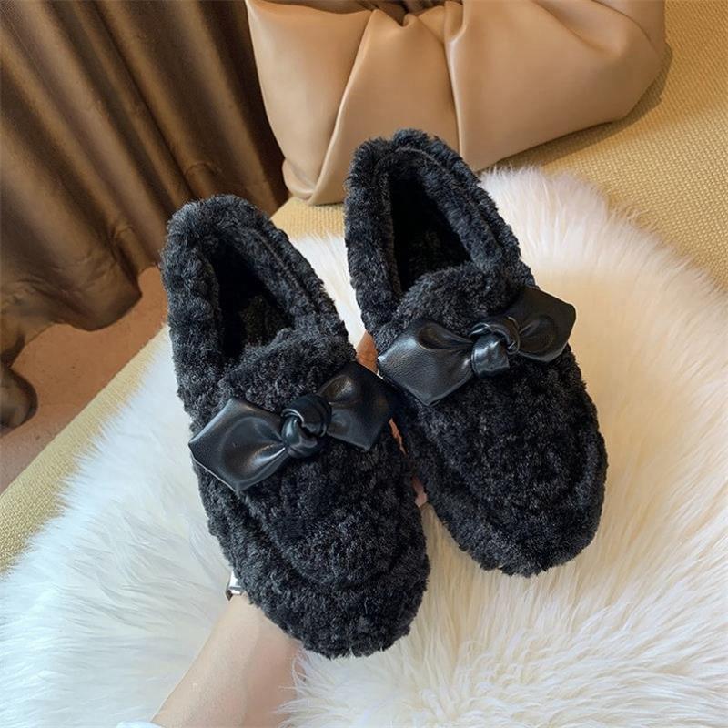 Mao Mao Doudou Shoes Women's New Autumn and Winter Outer Wear Velvet Flat-bottomed Versatile Bow Cotton Shoes Outer Wear Lazy Shoes