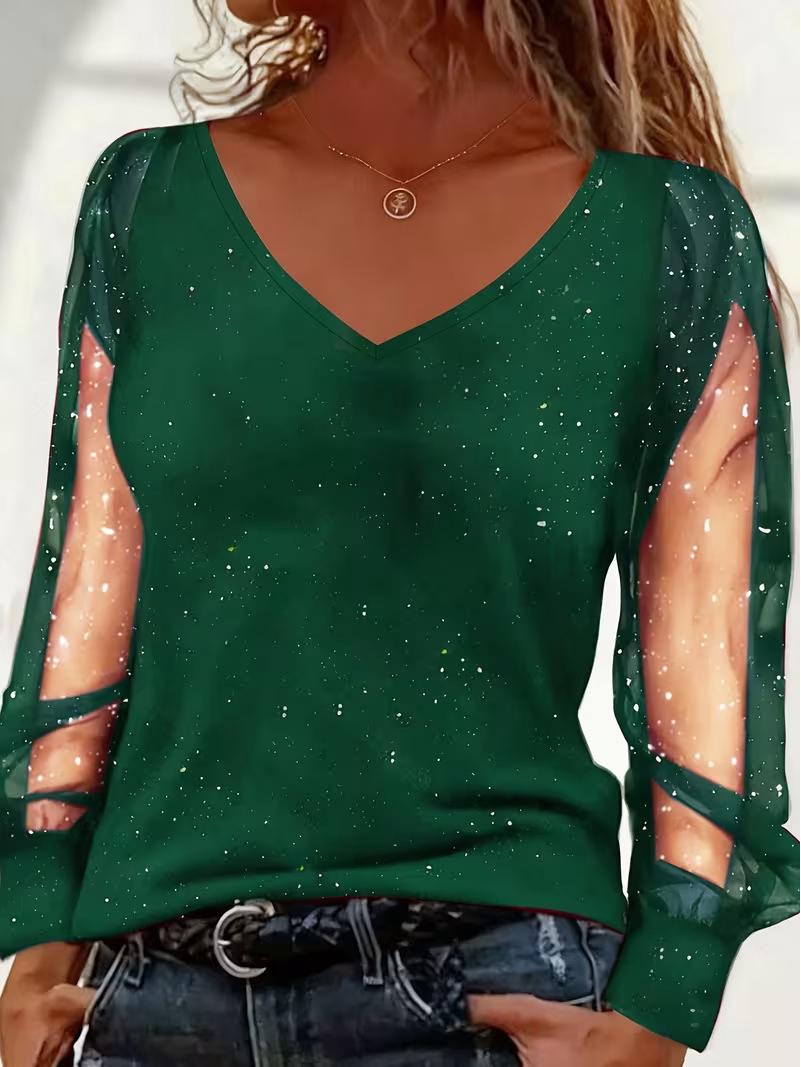 2026 Европейский стиль V-образный вырез Длинный рукав Повседневная Элегантная Футболка S зелёный