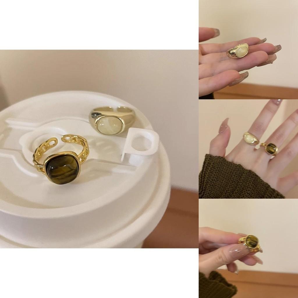Chic Retro Amber Natural Stone Adjustable Ring For Women Unique Style Accessory