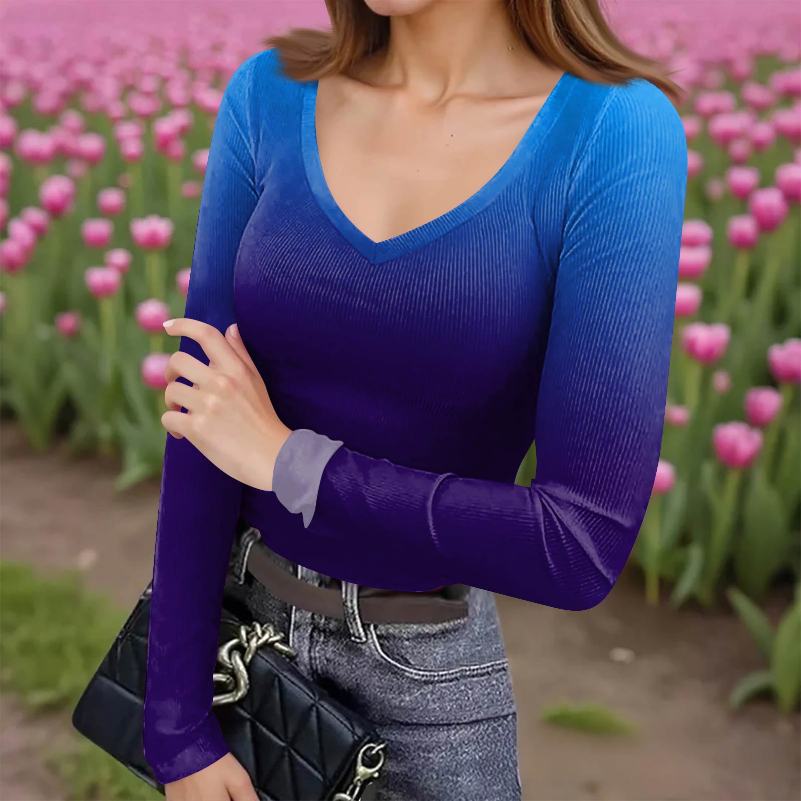 

Женская зимняя приталенная футболка-базовый слой, модный принт, V-образный вырез, пуловер, топ с длинным рукавом M синий