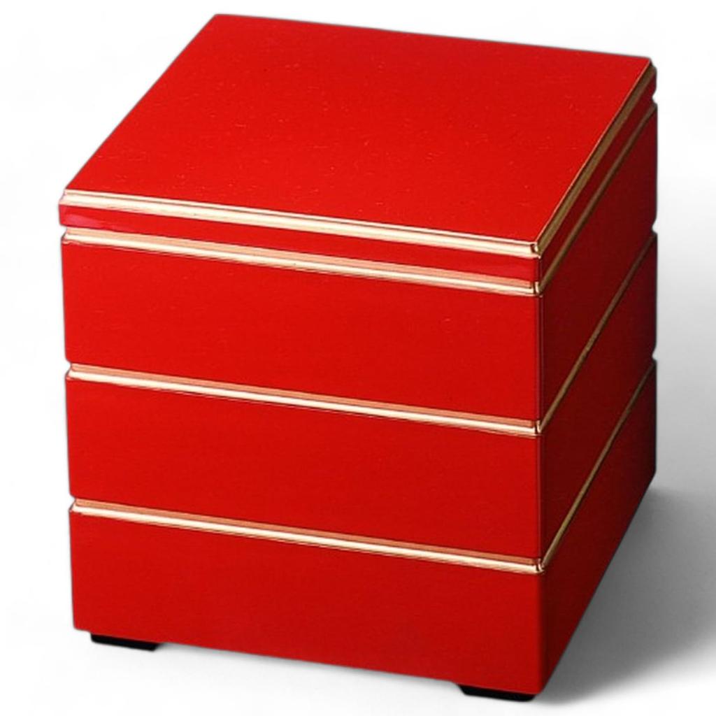 J-kitchens Lacquerware Jubako Box, 3 Tiers, 7-inch, Arakura Style, for Heavy Use, Red Rim with Gold, 20cm, Resin, Made in Japan