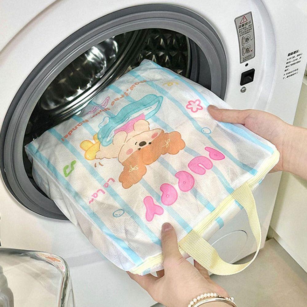 Cute Cartoon Cat Puppy Zippered Mesh Laundry Bags Anti-deformation Anti-Winding Protective Washing Bag Breathable Laundry Care