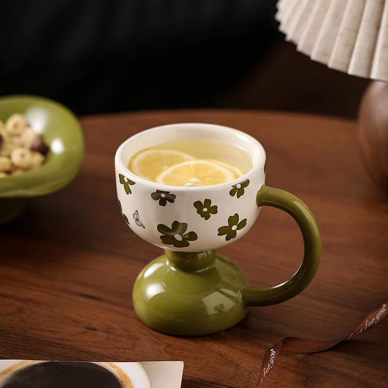 Ceramic High Foot Dessert Cup Mug for Women Office Coffee Cup Home Breakfast Ice Cream Cup Luxury