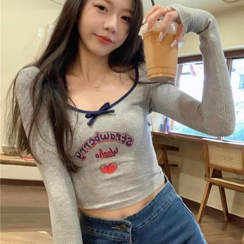 2KWEIRD Sweet Crop Tops Fashion Summer Tshirts for Women Long Sleeve Square Collar Print Tees Tunic Casual Y2k T Shirt