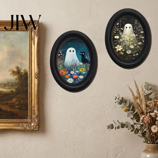 Rustic Autumn Home Accents Halloween Gothic Oval Wooden Hanging Plaque, Vintage Framed Black Cat Little Minimalist Horror Themed Decor Ghost