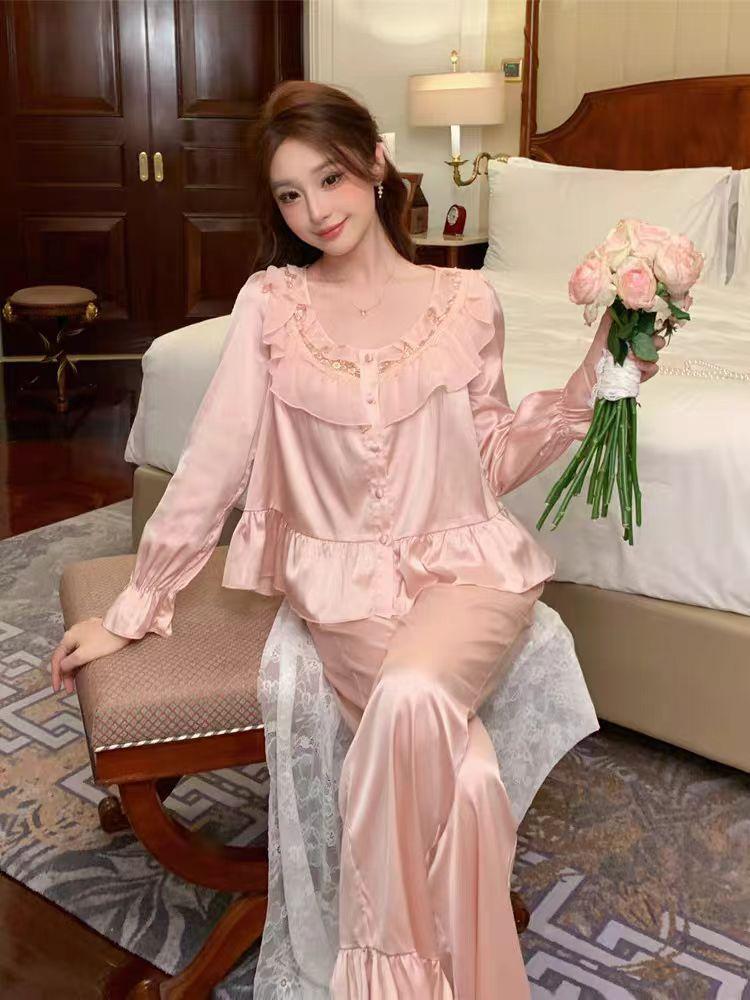 [Sugar Heart Sweet Dream] French ice silk pajamas, sweet princess style suit, spring and autumn loungewear can be worn outside