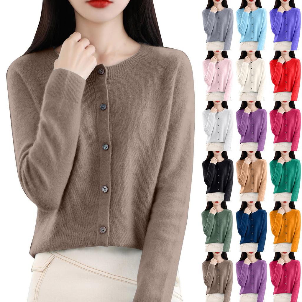 Women's Fashion Solid-Color Fall/Winter  Neck Cardigan Knit Sweater Loose-Fit Versatile Long-Sleeve Base Layer Sweater