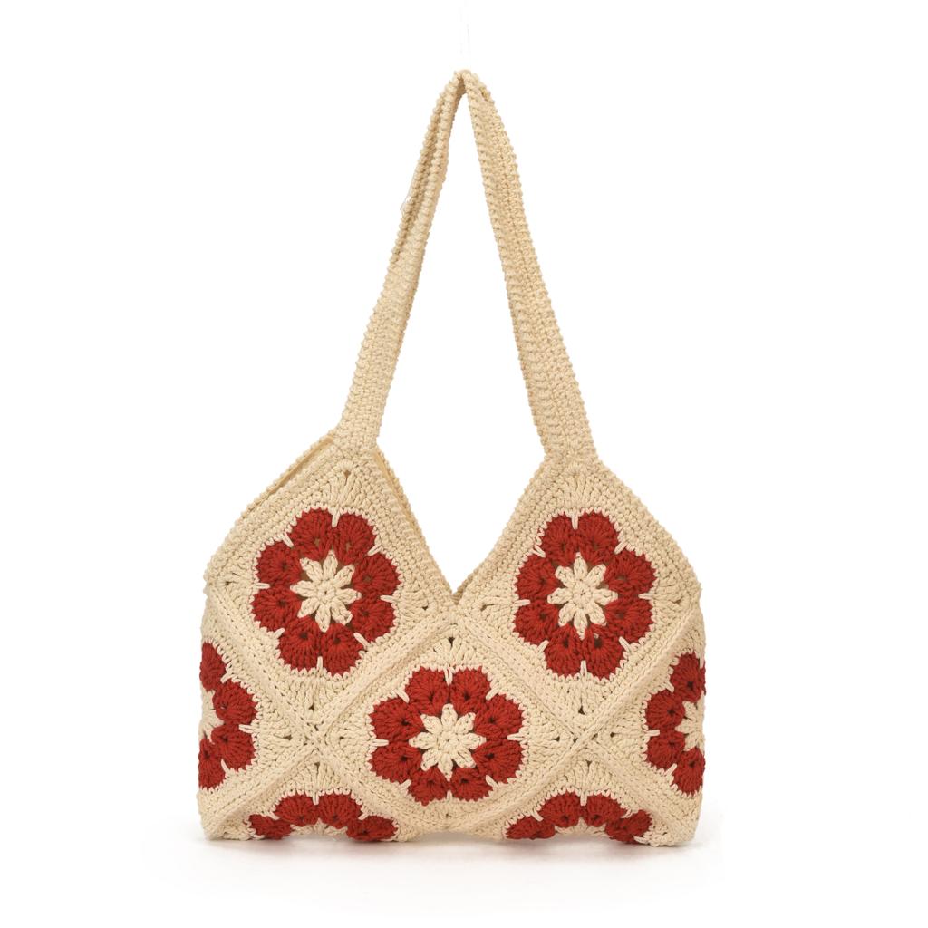 2026 New Retro Granny Square Flower Crochet Bag for Women Color Block Hand Woven Shoulder Bag Ins Style Vacation Exquisite Tote