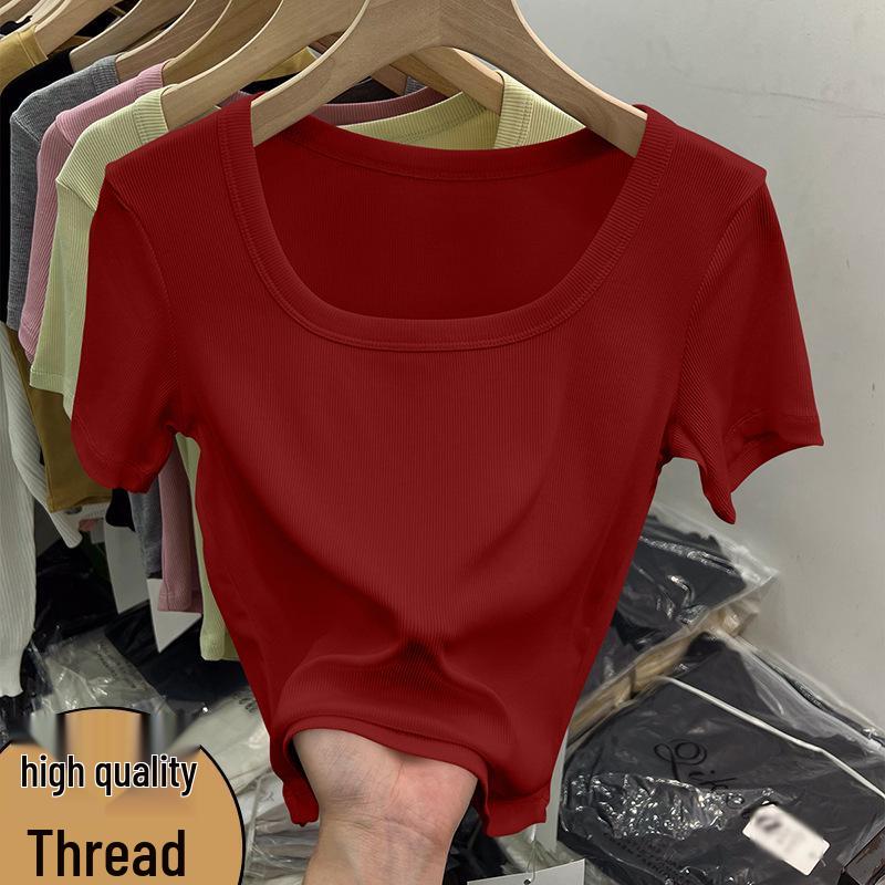 2026 European Style Women's Fashion: Solid Color Ribbed Square Neck Slim Fit Short Sleeve Top