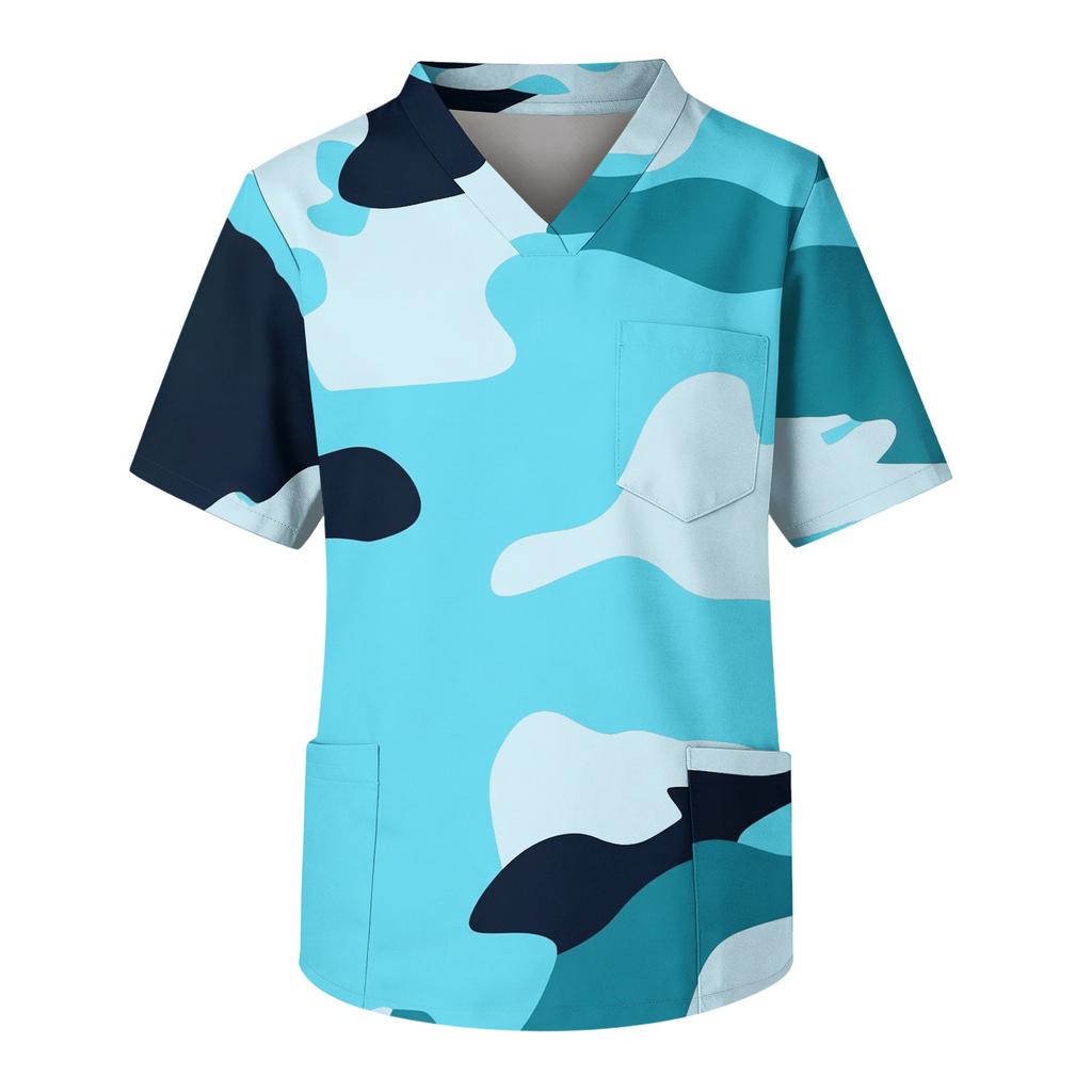Mens Short Sleeve V Neck Scrub Top Camouflage Printed Pullover Uniform Shirt with Chest Pocket for