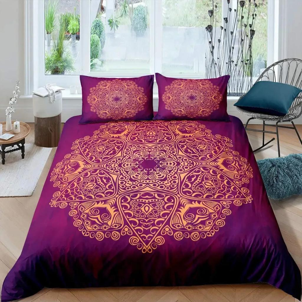 Neon Mandala Duvet Cover Set Full Queen Boho Hippie Bedding Set Ancient Mayan Calendar 3D Print Abstract Comforter Cover