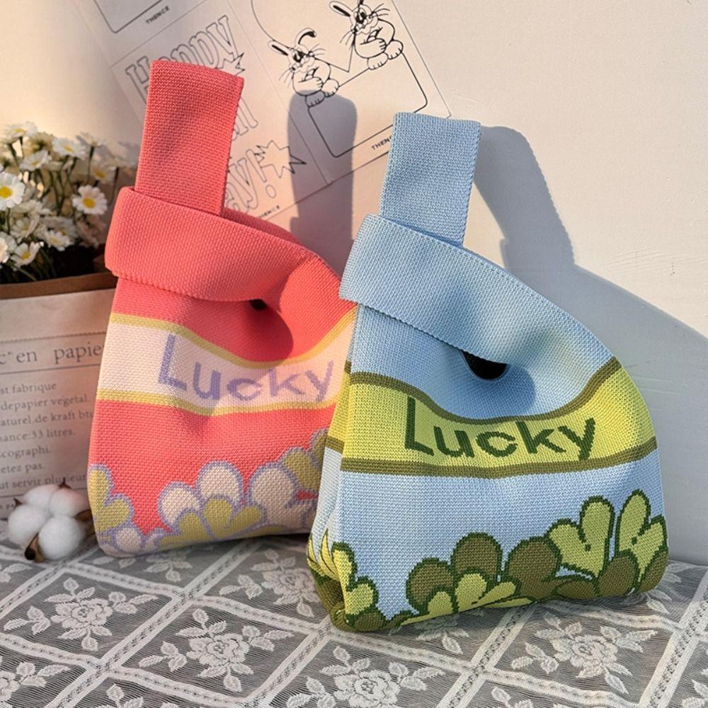 

Flower Print Tote Bag Large Capacity Shopping Bags Fashion Knitted Wrist Bag 06