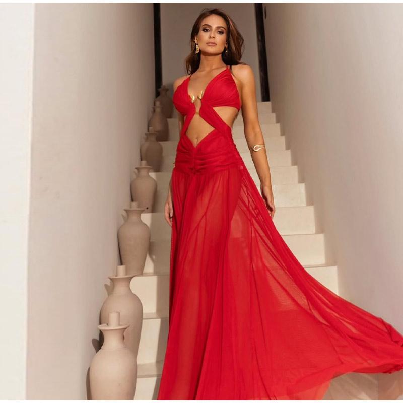 Sexy Hollow Out Long Dresses for Women Pleated V Neck Halter Sleeveless Backless Female Dress Fashion Solid Color A-Line Lady Dresses