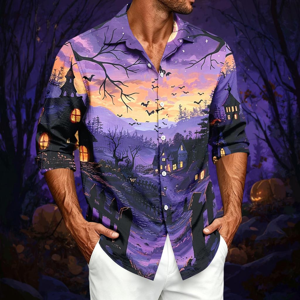 Men's Casual Long Sleeve Button Down Shirt Loose Fit Printed Pattern