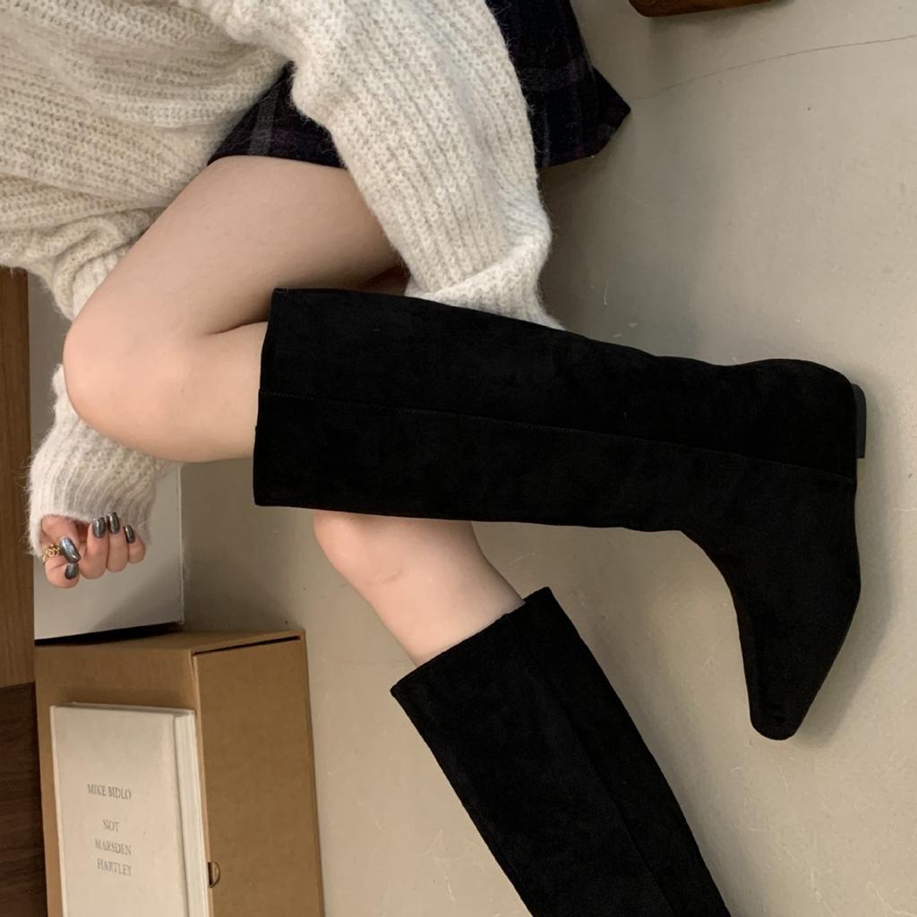 2025 Autumn and Winter New Square Head Tall Tube Inner Slope Heel Suede Thin Boots But Knee Knight Women's Boots