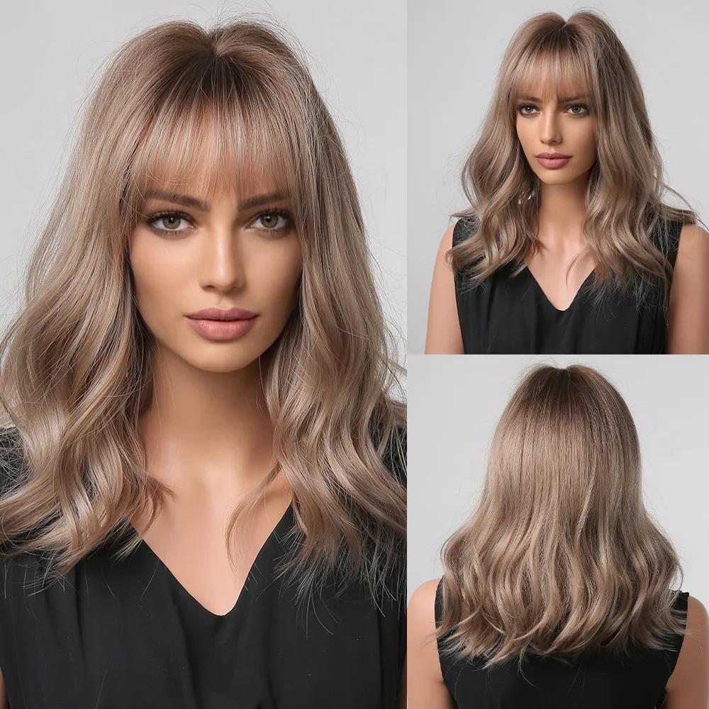 ALAN EATON Dark Green Short Bob Wigs with Bangs for Women Loose Wavy Wig Shoulder Length Bob Synthetic Wig Cosplay Halloween Wig