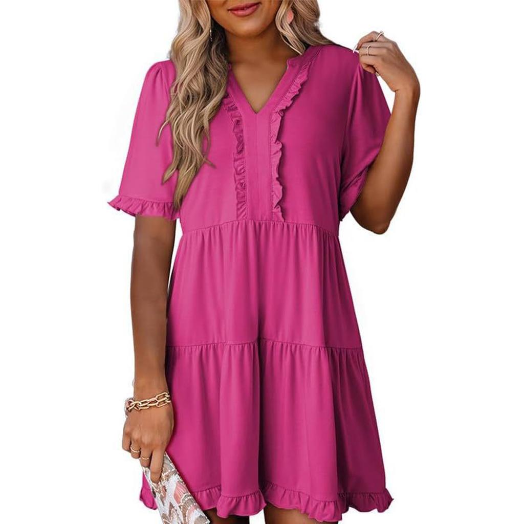 Women's Fashion Casual Ruffled Dress Short Sleeve V-Neck Large Swing Dress