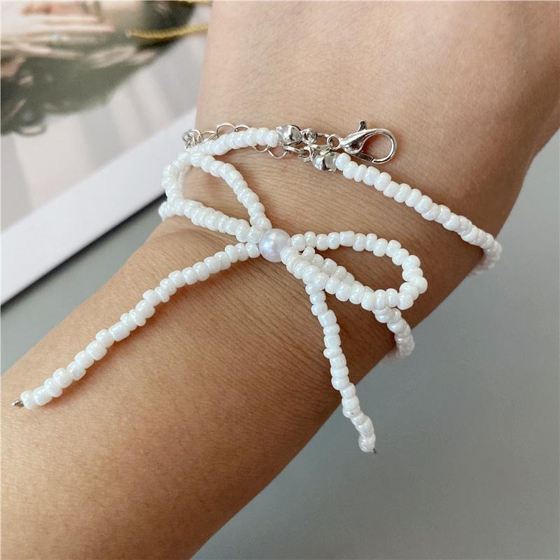 Korean Fashion Knotbow Choker Necklace for Girl Trendy Romantic Handmade Rice Beads Short Neck Jewelry Gift for Friend