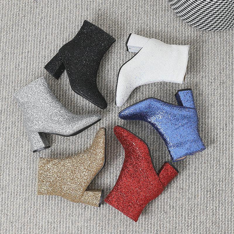 Women's Short Boots Autumn and Winter Grit Metal Sequins Women's and Ankle Boots Gold Silver Thick Heel High Heel Round Head Women's Short Boots