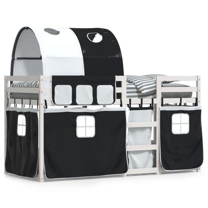 VidaXL Bunk Bed with Curtains White/black 90x200 Cm Solid Pine Wood, Bed, Bed Frame, Low Bunk Bed, Furniture of 3284021